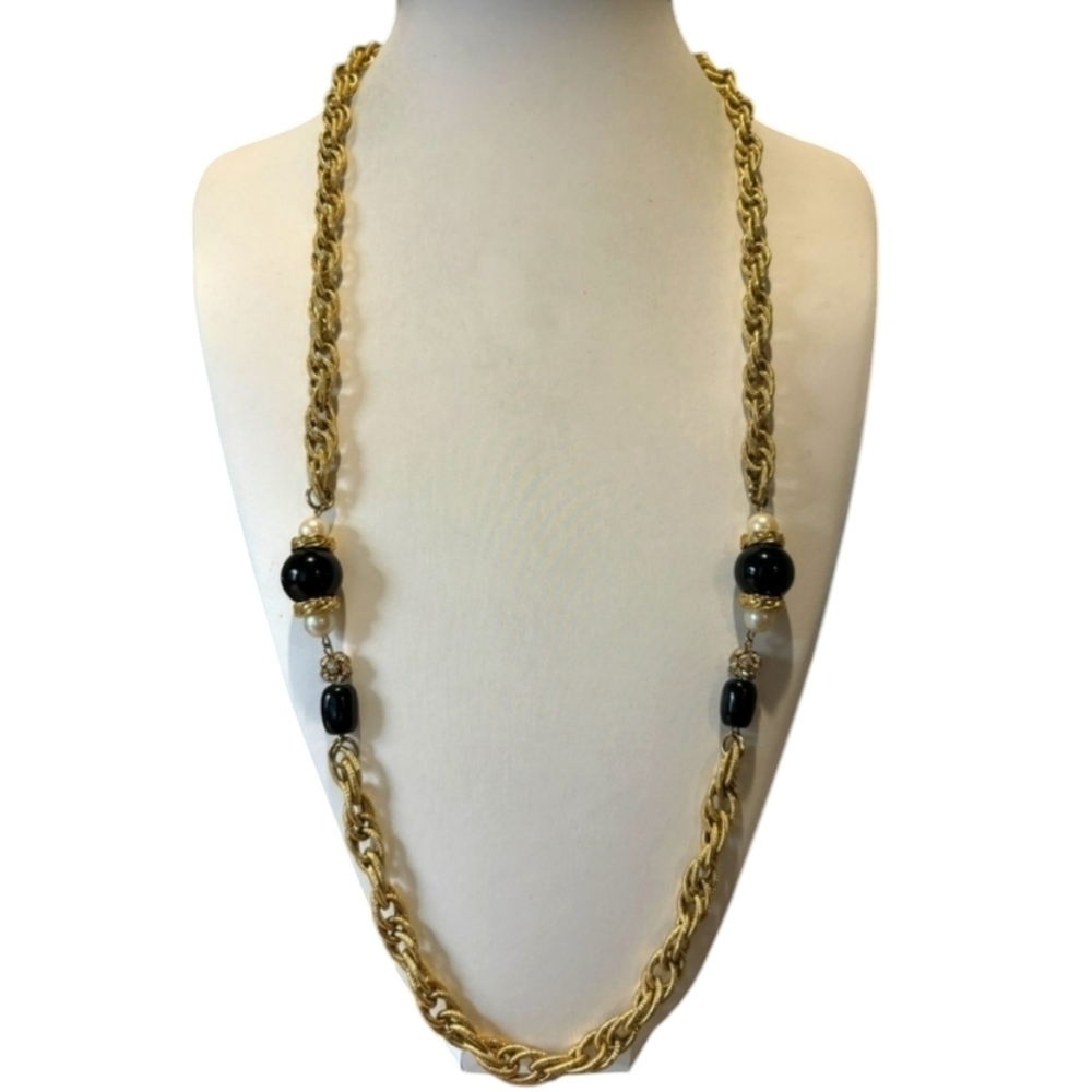 Vintage Gold Tone Faux Pearls Black Balls Rhinestones Chain Necklace - Picture 1 of 7